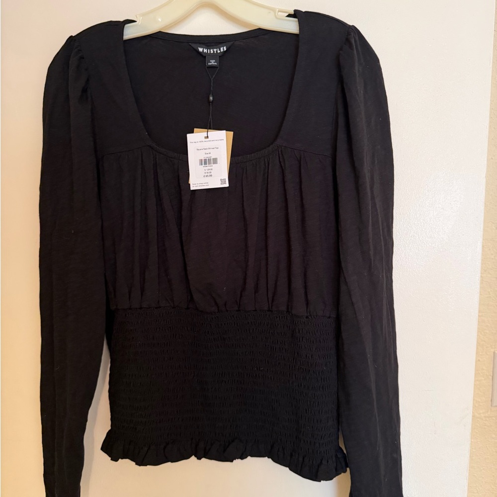 Whistles Elegant Black Smocked 100% Cotton Blouse